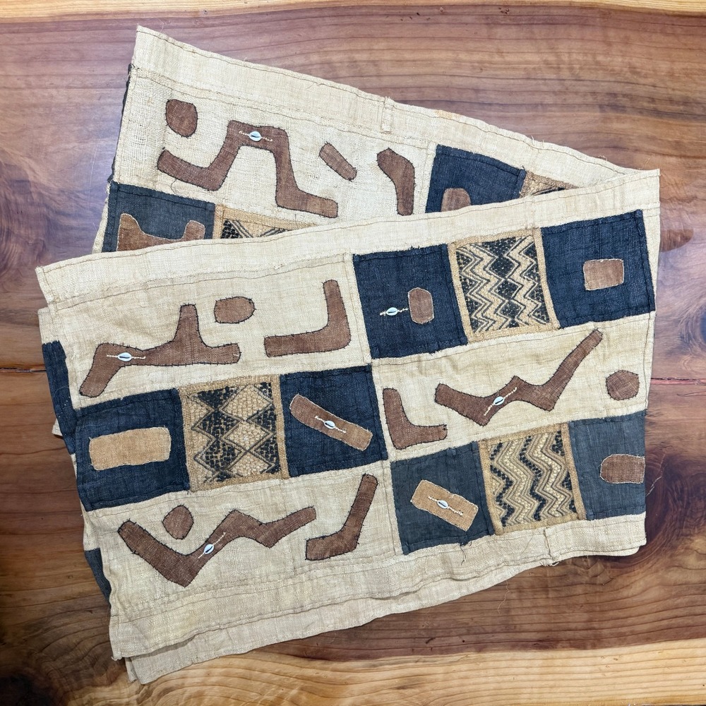 Vintage Kuba Cloth Table Runner Extra Long African Shell Raffia Textile L6